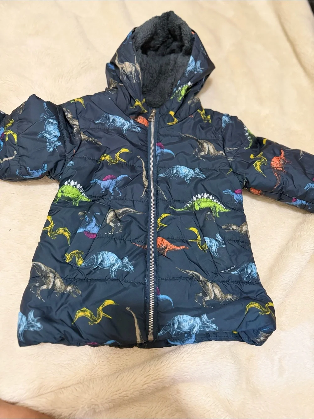Children's Navy Blue Dinosaur Puffer Jacket with Hood